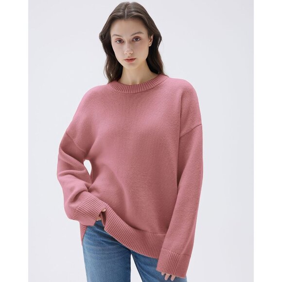 Women Cashmere Blend Oversized Crew Neck Pink Rose Soft Warm Pullover Sweater - Picture 4 of 5